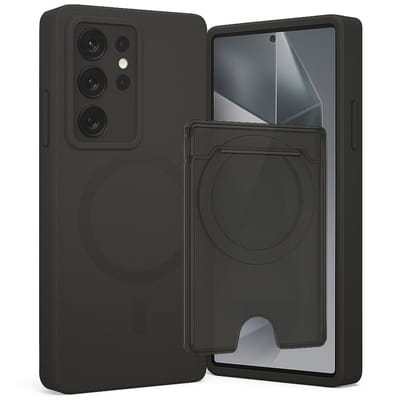 SnapSkin Hoesje & Pasjeshouder geschikt voor Samsung Galaxy S24 Ultra - Geschikt voor MagSafe Case - Magnetische Kaarthouder - Semi-Transparant Zwart