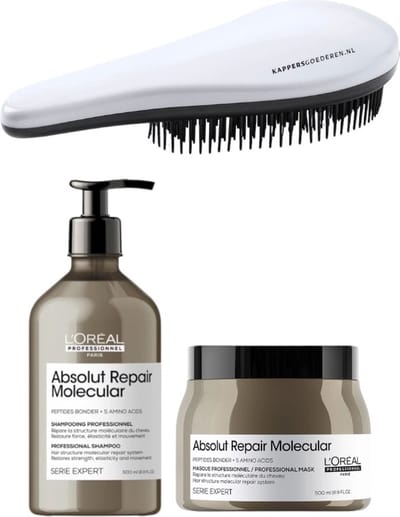 L`Oreal Professionnel - Absolut Repair Molecular Set - Shampoo + Masker + KG Ontwarborstel - Beschadigd Haar Pakket - 500 + 500ML