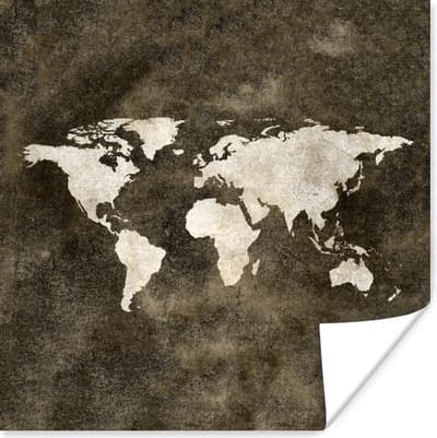 Poster 30x30 cm - Wereldkaart - Retro - Goud - Posters - Kamer decoratie - Wanddecoratie woonkamer - Muurdecoratie slaapkamer