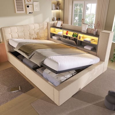 Sweiko Gestoffeerd bed - 140x190 cm - LED-verlichting - Opbergruimte - Slaapbank - Linnen - Beige