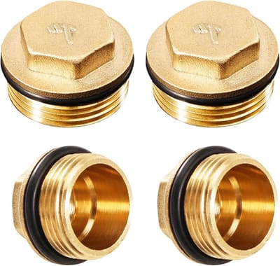 4-delige messing stopset met 1 inch en 1/2 inch schroefdraad, rubberen ring voor radiatoren, verwarmingssystemen en waterleidingen