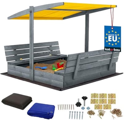 KOTARBAU® Houten Zandbak - 140 x 140 cm - Grijs - Zandbak met Bankjes - met Geel Dak - en Grondzeil - voor Tuin - Buitenspeelgoed