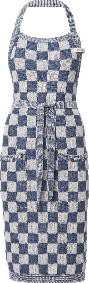 Knit Factory Gebreide Keukenschort Dames & Heren - Kookschort - Kokssloof - Keukensloof - Koksschort - Barbecue schort Block - Ecru/Jeans - Donkerblauw - One Size - Met steekzakken