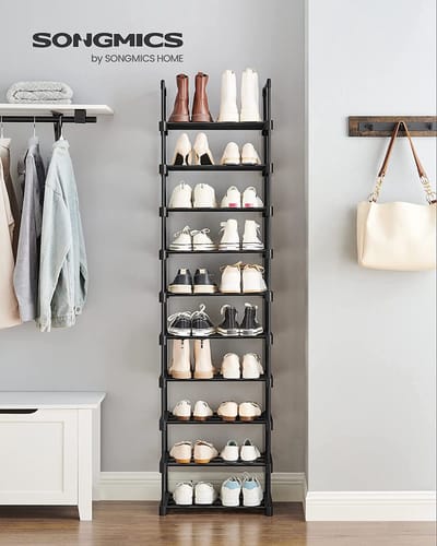schoenenrek met 10 planken, groot metalen schoenenrek, doe-het-zelf, standplank, ruimtebesparend, multifunctioneel, woonkamer, slaapkamer, keuken, 45 x 30 x 174 cm, zwart LSA25BK