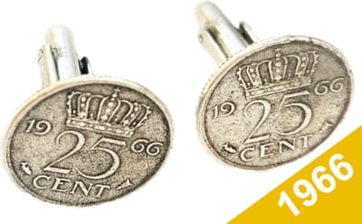 Manchetknopen Kwartje 1966 Verzilverd - Uniek en Stijlvol Sieraad met Jaartal - Cadeau Geboortejaar - Alle Jaartallen Beschikbaar - Doorsnede 1,8 cm
