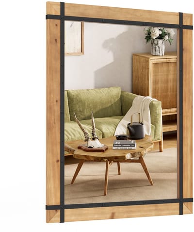 COSTWAY Rechthoekige spiegel met houten lijst, 77 x 100 cm, rustieke wandspiegel, onbreekbare hangspiegel, decoratieve houten spiegel met haak, voor hal, woonkamer, slaapkamer, vintage bruin