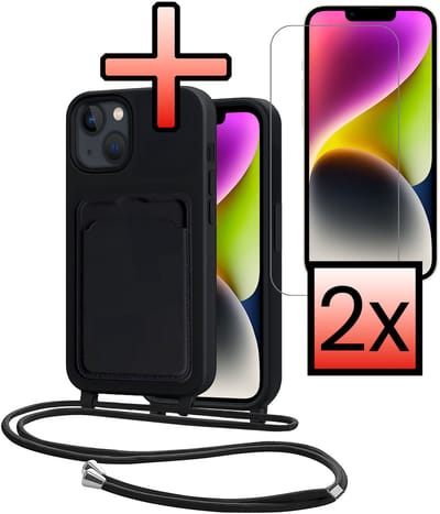 Hoes Geschikt voor iPhone 13 Hoesje Pasjeshouder Cover Met Koord Case Siliconen Hoes Met Telefoonkoord en Kaarthouder Met 2x Screenprotector - Zwart