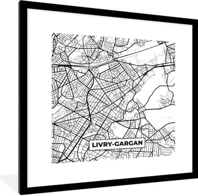 Fotolijst incl. Poster Zwart Wit- Frankrijk - Livry-Gargan - Kaart - Plattegrond - Stadskaart - Zwart wit - 40x40 cm - Posterlijst