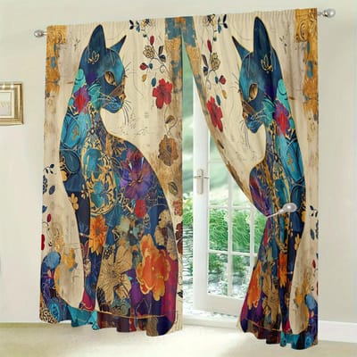 Artistiek Kattenprint Ontwerp Gordijn Perfect Voor Huisdecoratie Stangzak Raambekleding Ontworpen Voor Slaapkamer Kantoor Keuken WoonkamerEnStudeerkamer W50 X H130(CM)X2&Grommet Top