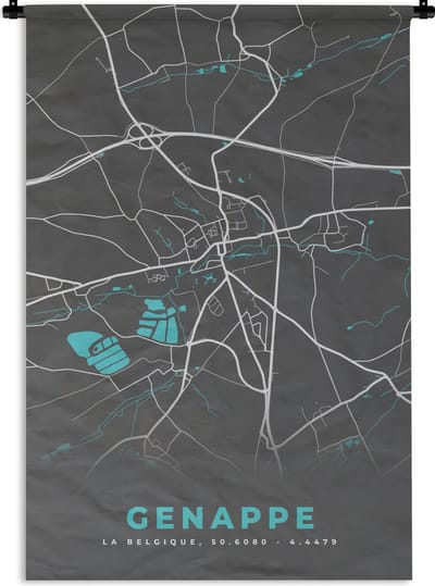 Wandkleed - Wanddoek - België – Genappe – Stadskaart – Kaart – Blauw – Plattegrond - 120x180 cm - Wandtapijt