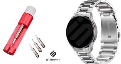 Strap-it Titanium horlogeband + Toolkit - speciaal geschikt voor Samsung Galaxy Watch 7 (40 & 44mm) / Galaxy Watch 6 (Classic) / Watch 5/5 Pro / Watch 4 (Classic) / Watch FE - schakel band voor Galaxy Watch 4-5-6 alle varianten - zilver