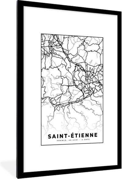 Fotolijst incl. Poster Zwart Wit- Stadskaart - Saint-Étienne - Plattegrond - Kaart - Frankrijk - Zwart wit - 80x120 cm - Posterlijst