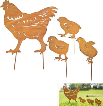 Schattige Roestige Kippenfamilie Tuindecoratie met Kuikens - 4 Stuks voor een Charmante Tuin