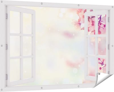 Gards Tuinposter Doorkijk Roze Bloesemboom met Zonneschijn - 150x100 cm - Tuindoek - Tuindecoratie - Wanddecoratie buiten - Tuinschilderij
