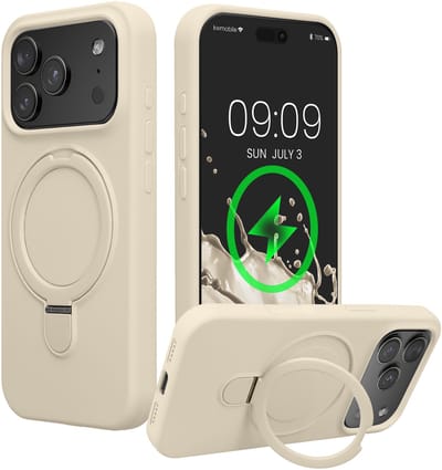 kwmobile Hoesje met Ringstandaard voor Apple iPhone 18 Pro / iPhone 17 Pro - Compatibel met MagSafe - Siliconen Beschermhoes met Microvezel Voering en Standaard - crème