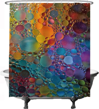 Douchegordijn – Bubbel-Water-Kunst-Kleuren - 180 x 200 cm - wasbaar - anti-schimmel - met 12 ringen - Paars Geel Blauw