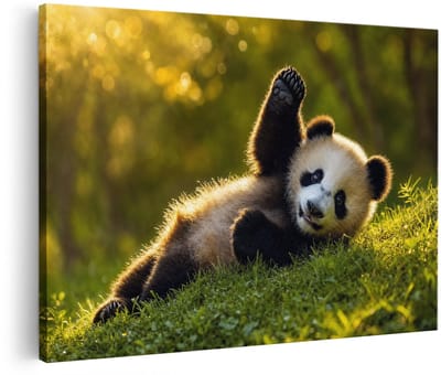 Artaza Canvas Schilderij Speelse Panda In Het Gras - Natuur Dieren Kunst - 120x80 cm - Groot - Wanddecoratie Woonkamer - Schilderijen - Muurdecoratie