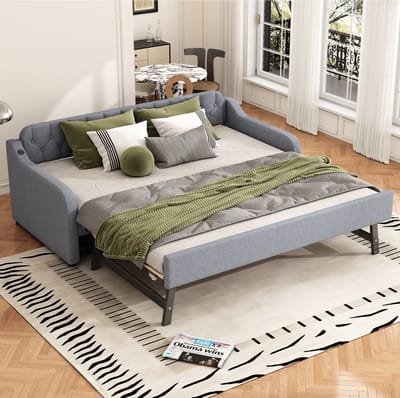 Sweiko Zacht kussenbed, 90x200cm slaapbank, met uitschuifbaar opklapbed, USB-poort, Grijs(Geen matras)