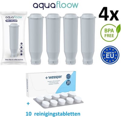 4 x AQUAFLOOW MAXICLAR WATERFILTER filter vervanging VOOR KRUPS NIVONA / MELITTA KOFFIEMACHINE (VERVANGING VOOR NIRF 700 / F088) + extra Tabletten voor het reinigen en ontvetten van de koffiemachine - 10 x 2g