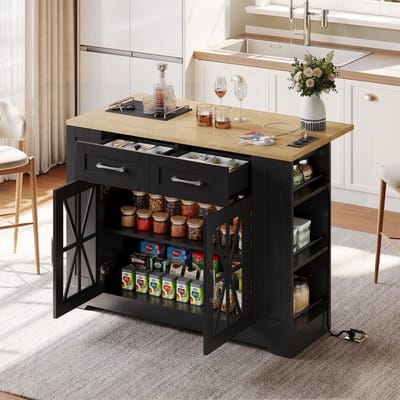 Draagbaar keukeneiland met opvouwbare eettafel - open opbergplanken - USB-poort - verstelbare legplanken - wielen met rem - zwart