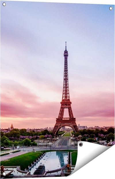 Gards Tuinposter Eiffeltoren in Parijs met Kleurrijke Hemel - 60x80 cm - Tuindoek - Tuindecoratie - Wanddecoratie buiten - Tuinschilderij