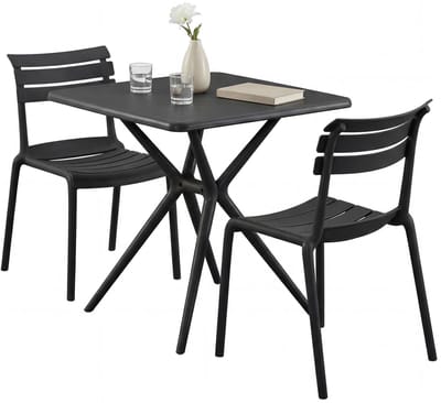 CLP Vela tuinmeubelset - 2 stapelstoelen - vierkante eettafel 72x72cm - weerbestendige balkonset - voor terras en tuin - zwart