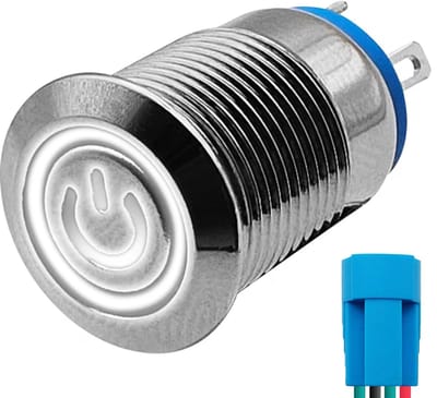 ProRide Metalen Pulsschakelaar 12V OFF-(ON) - 12mm - Momentschakelaar met Aansluitkabel - Spatwaterdicht - 12V/24V - LED Indicatie Wit