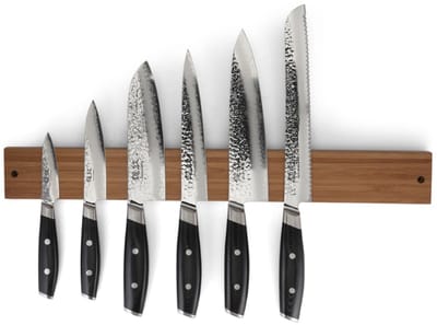 Yaxell Tsuchimon Messenset – 7-delig – Magnetische Messenstrip Bamboe met 5 Messen – 3 Lagen Damaststaal – VG-10 Staal – Canvas-Micarta Heft