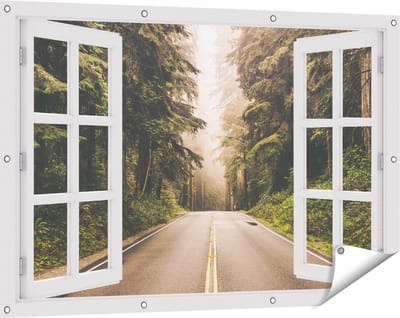 Gards Tuinposter Doorkijk Highway in Californië Omring met Bos - 120x80 cm - Tuindoek - Tuindecoratie - Wanddecoratie buiten - Tuinschilderij