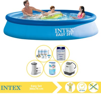 Intex Rond Opblaasbaar Easy Set Zwembad - 366 x 76 cm - Blauw - Inclusief Pomp - Filter - Zoutwatersysteem - Zwembadzout - 5-delig