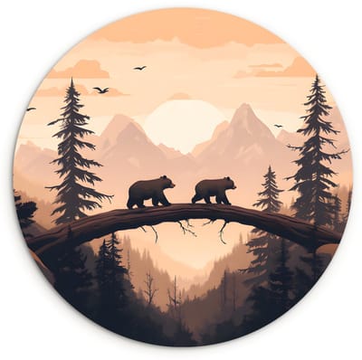 WallCircle® Wandcirkel 120x120 cm - Muurcirkel Beren - Bomen - Landschap - Zonsondergang - Muurdecoratie woonkamer - Wanddecoratie slaapkamer - Kamer decoratie accessoires - Ronde schilderijen XXL