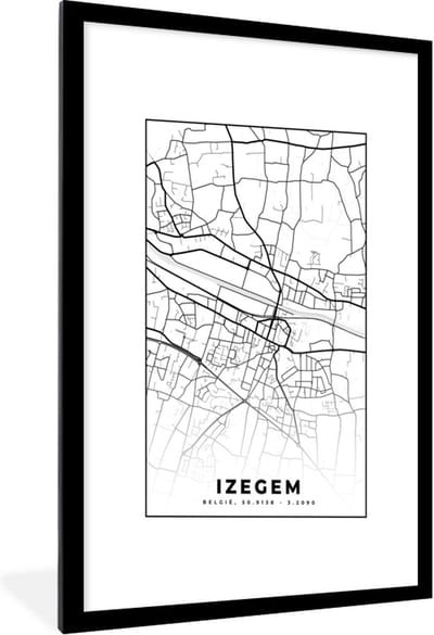 Fotolijst incl. Poster Zwart Wit- België – Izegem – Stadskaart – Kaart – Zwart Wit – Plattegrond - 60x90 cm - Posterlijst