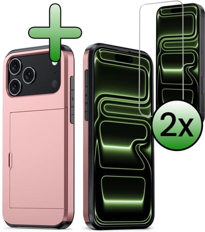 Hoes Geschikt voor iPhone 17 Pro / 18 Pro Hoesje Hard Case Met Pas Houder Met 2x Screenprotector - Hoesje Geschikt voor iPhone 17 Pro / 18 Pro Hoes Shockproof Hard Cover Met Kaarthouder - Rosé goud