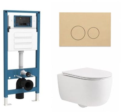 QeramiQ Dely Swirl Toiletset - inbouwreservoir Qeramiq Flush - slim zitting - kunststof beige bedieningsplaat - ronde knoppen - mat wit