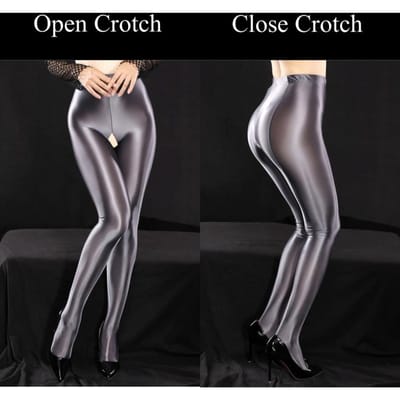 Grote Maten Glanzende Satijnen Corrigerende Pantyhose Olie Glanzende Yoga Leggings Dames Sexy Cubaanse Hak Achternaad Panty Pole Dance Clubwear XL Close Crotch gray