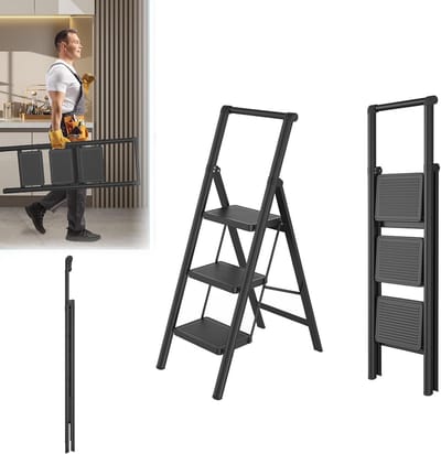 Vouwladder met leuning - Trapladder Opstapladder - Klusjes in huis - Extra brede treden - 3 treden - Zwart