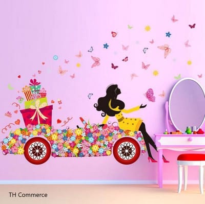 MUURSTICKER  - BLOEMEN MEISJE MET AUTO - WANDDECORATIE - KINDERKAMER - BABYKAMER - MEISJE - nr 6900