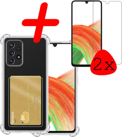 Hoesje Geschikt voor Samsung Galaxy A33 - Met 2x Screenprotector - Pashouder - Kaarthouder - Telefoon Hoes Shockproof - Siliconen Case - Back Cover - Shock Proof - Pasjes Houder - Transparant