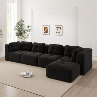L-Bank, 4-Zits Bank, Armloze L-vormige Woonkamerbank met Hoekelement en Hocker, een Comfortabele Vierzitsbank met Diepe zit, Zachte Kussens en Corduroy Hoes, Geen Montage Nodig en Antislip Ontwerp-Zwart