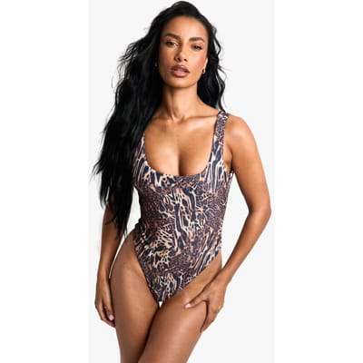 boohoo Dames Petite Zwemkleding Essentials Luipaard Vierkante Hals Badpak | Bruin | Maat: 40