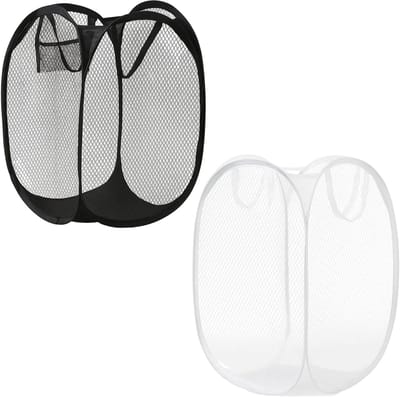 2 opvouwbare wasmanden, grote opvouwbare wasmand, inklapbare wasmand voor op de camping, draagbare waszak, zwart en wit (36 x 36 x 58 cm)
