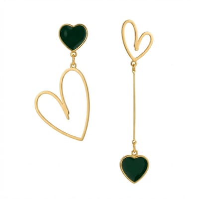 Goudkleurige oorhangers oorbellen met groen hart design voor dames – asymmetrische statement oorbellen