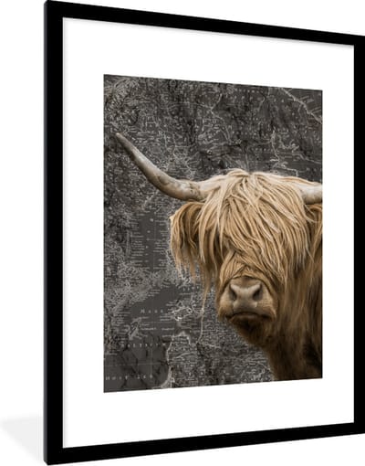 Poster in lijst - Fotolijst 60x80 cm - Posters - Schotse hooglander - Wereldkaart - Dieren - Posterlijst zwart - Decoratie - Wanddecoratie woonkamer - Muurdecoratie slaapkamer
