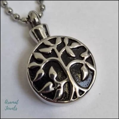 Aramat Jewels | Gedenkhangers | Stalen Ashanger Levensboom – Symbolisch Gedenksieraad Zilverkleurig | Rond-Zilverkleur-Zwart-2.8x1.8cm | |20mm | Staal | Volwassenen | Verkleurd niet