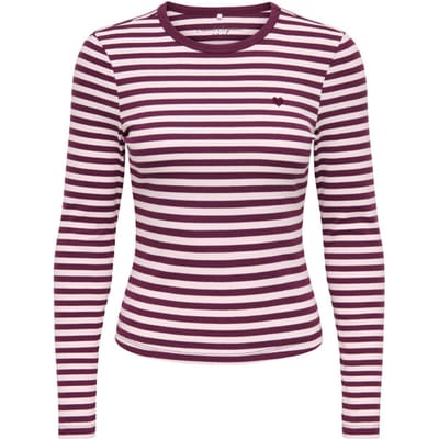 Only bordeaux dames t-shirt   Ronde hals   Regular fit   Streep patroon   Duurzaam   Lange mouw Bordeaux M