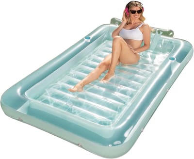 Tanning bed – Tanning pool – Opblaasbaar luchtbed – Zwembadmatras met rugleuning – Zwembad ligbed volwassenen – Drijvend luchtbed – Pool float – Opblaasbare tanning lounger – Luchtbed met bekerhouder –