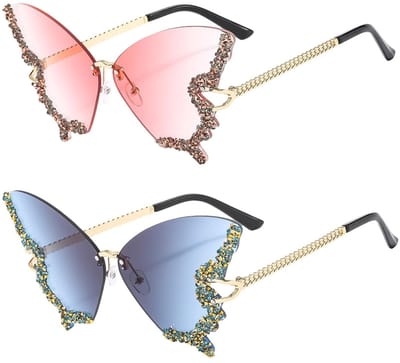 Dailygoods- Zonnebril Dames - Vlinderbril - 2 Paar - Gouden Frame - Grijs-Blauwe/Roze Glazen - Lichtgewicht/Duurzaam - Fashion Sunglasses