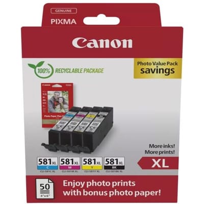 Multipack cartouches d'encre + pack papiers photo - CANON - CLI-581XL Noir/Cyan/Magenta/Jaune - Haut rendement