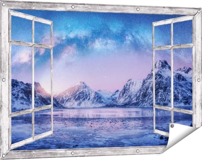 Gards Tuinposter Doorkijk Melkweg bij de Besneeuwde bergen - 120x80 cm - Tuindoek - Tuindecoratie - Wanddecoratie buiten - Tuinschilderij