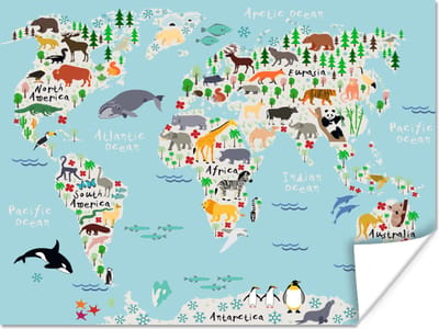 Wereldkaart - Kinderen - Dieren - Blauw - Orka - Walvis - 40x30 cm - Poster